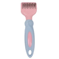 Pink stainless steel dog comb with integrated knot cutting blade for pet grooming