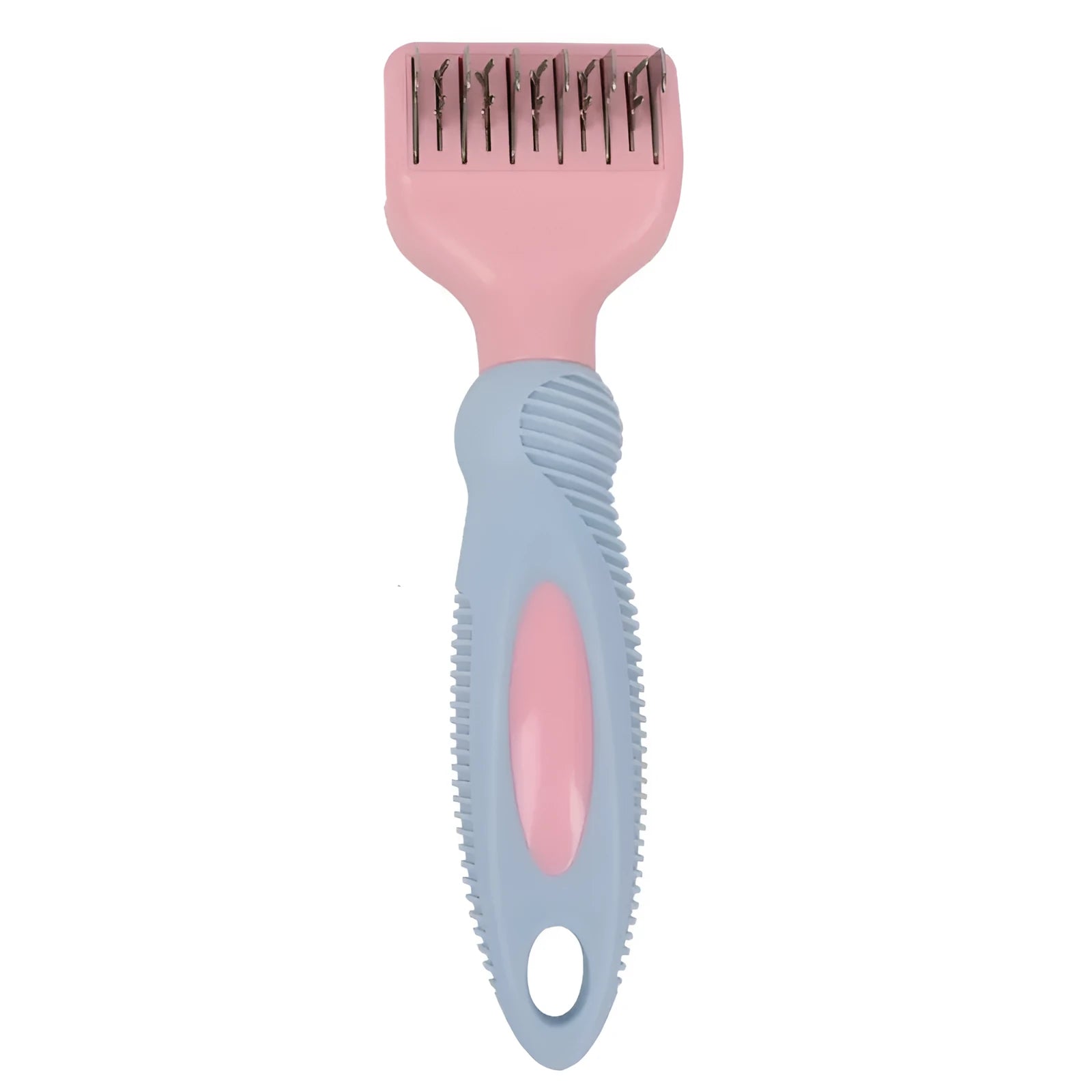 Pink stainless steel dog comb with integrated knot cutting blade for pet grooming