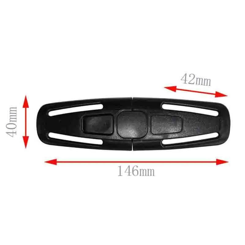Black nylon seat belt buckle clip for child car seat 5-point harness.