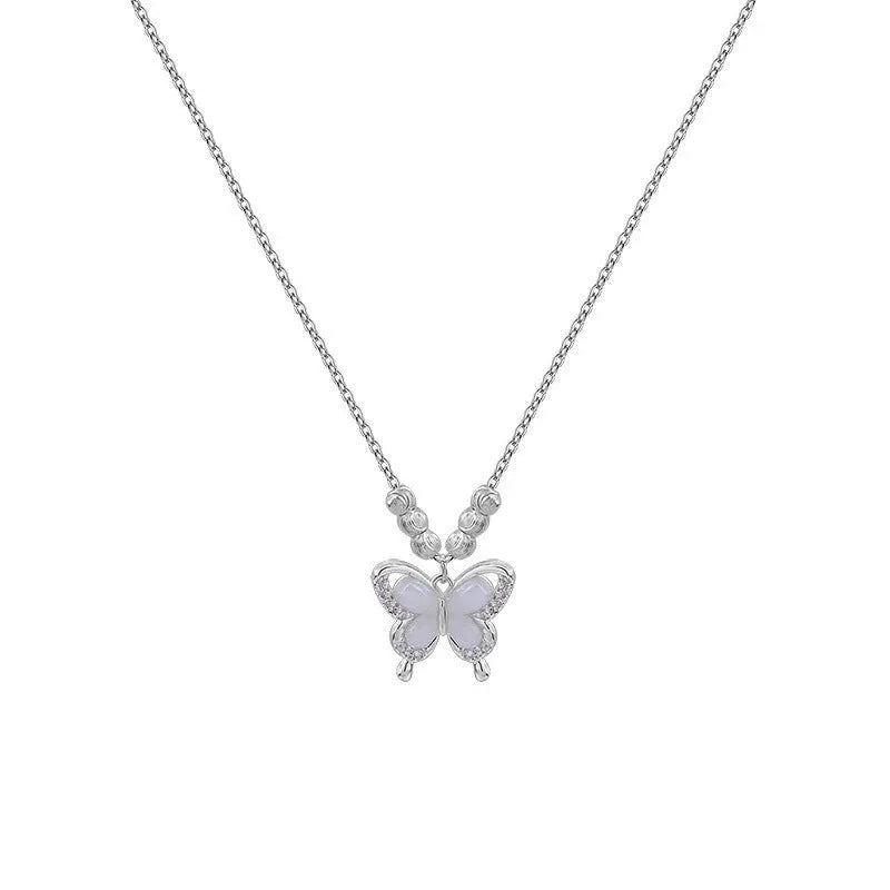 Women's square line opal butterfly necklace in 925 silver with cross chain design on adjustable 41-50cm chain