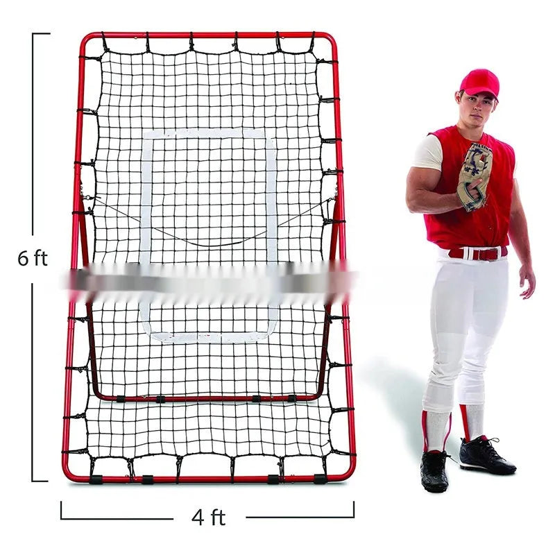 Red portable baseball training net with metal frame set up in a garden.