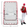 Red portable baseball training net with metal frame set up in a garden.