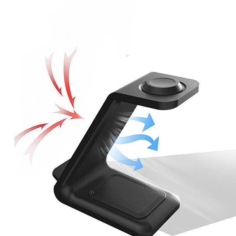 White 3-in-1 upright wireless charger and phone holder on a desk with a mobile phone charging.