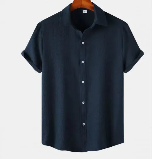 Man wearing a casual short-sleeved polyester cardigan-style shirt in a GKESJ colour.
