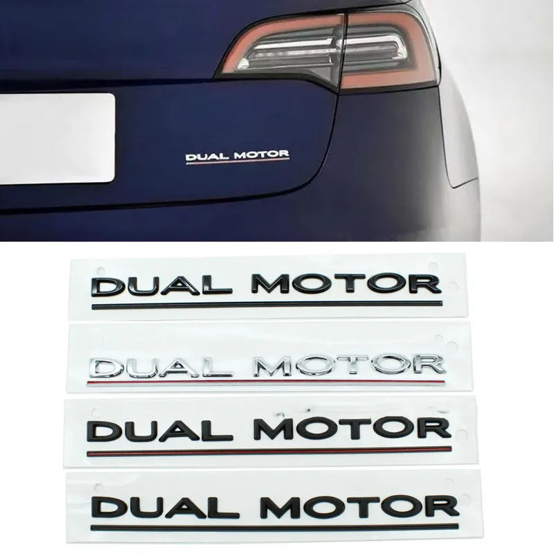 Tesla Model 3 double motor bumper sticker in ABS plastic, 19 cm by 3 cm, showing colour options.