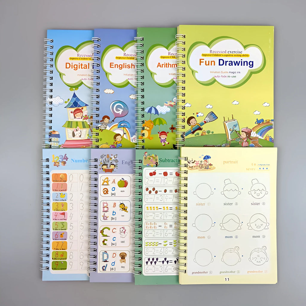 Four magic calligraphy copybooks with square slot design and pen set for children's handwriting practice