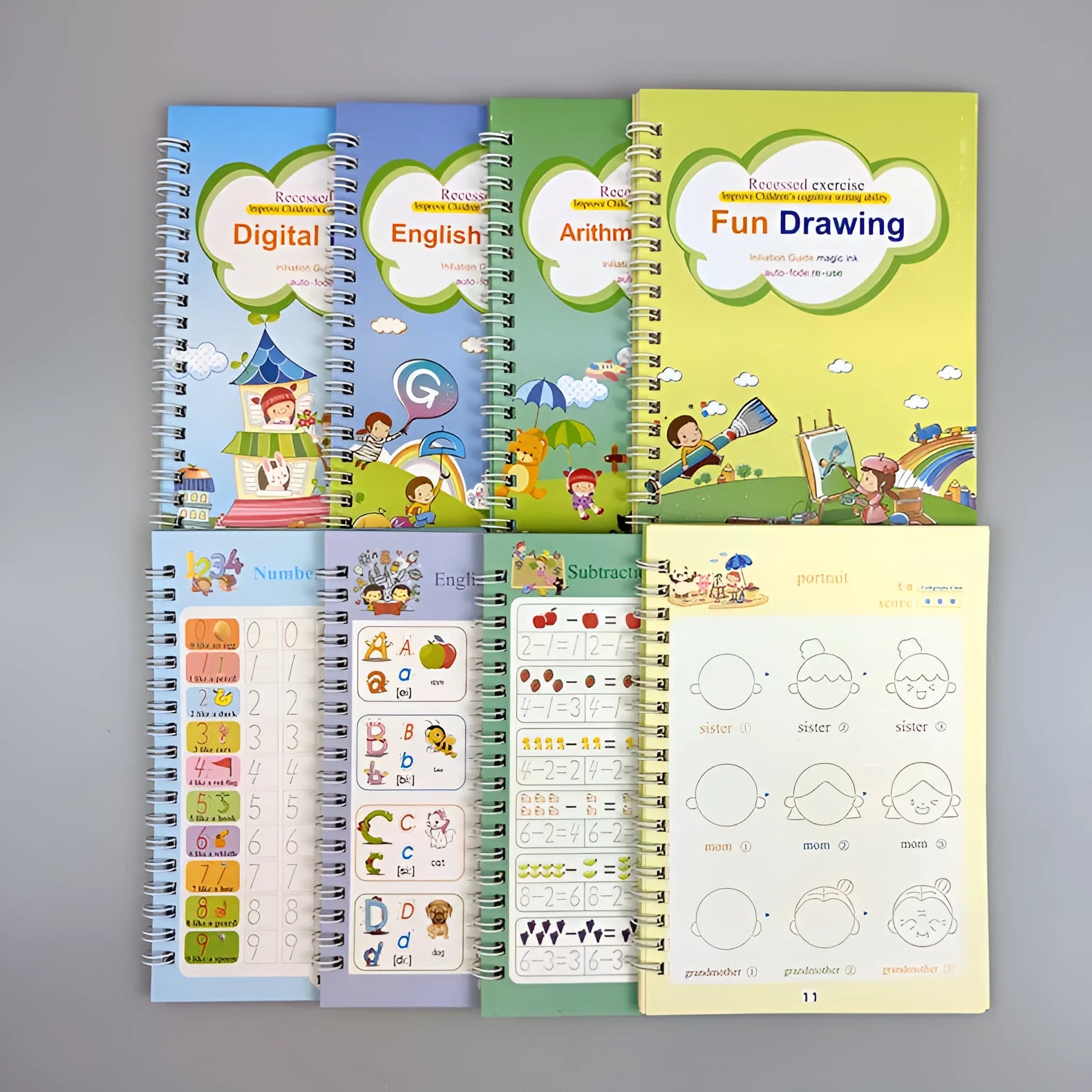 Four magic calligraphy copybooks with square slot design and pen set for children's handwriting practice