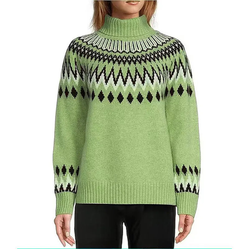 Women's knitted sweater in brown, acetate fibre jacquard pullover with long sleeves, front view