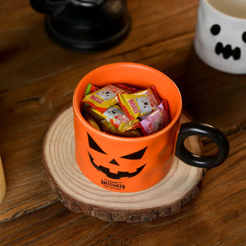 Halloween pumpkin ceramic mug with handle, spoon, and gift box in orange or white