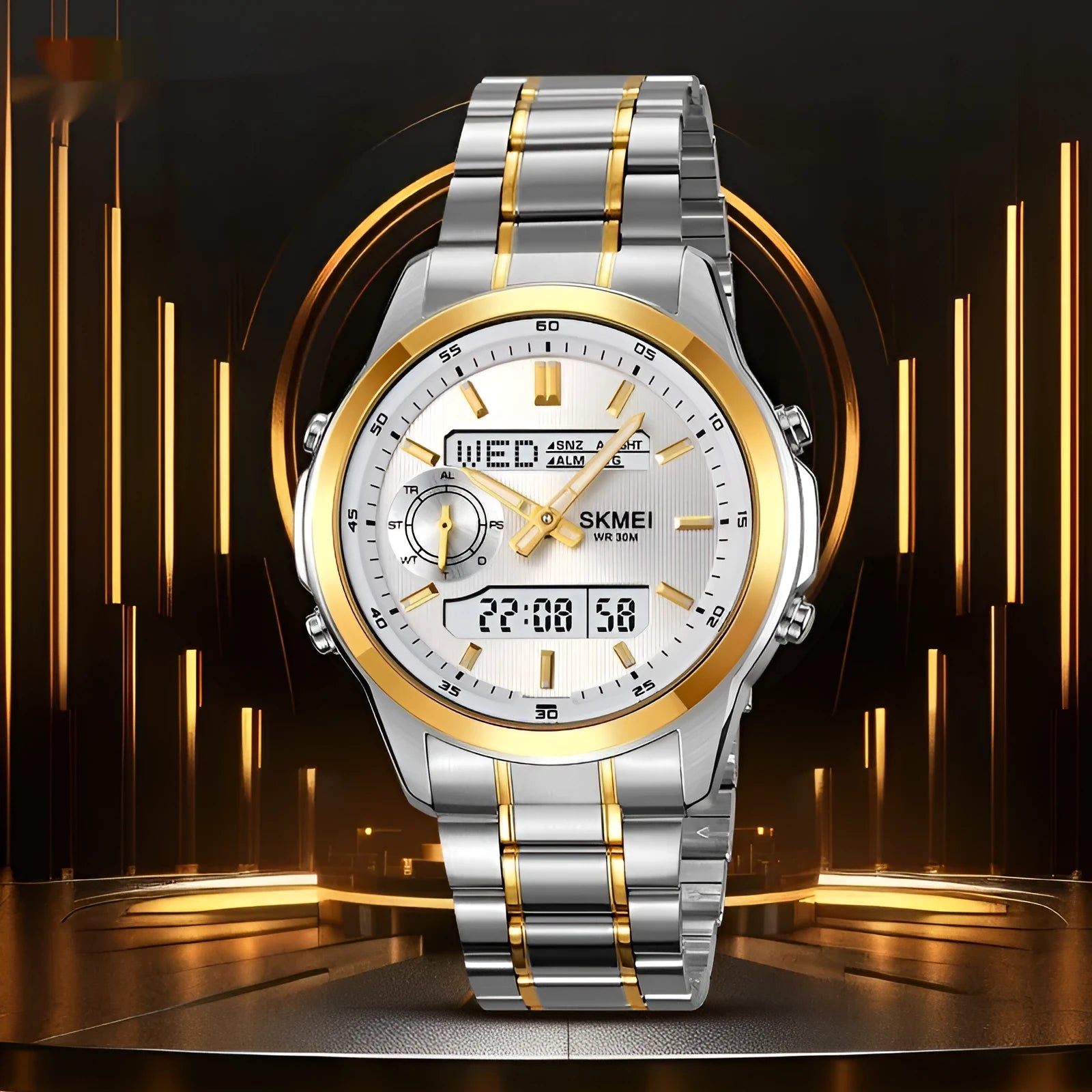 Men's luminous steel strap watch with multifunctional dial in gold finish