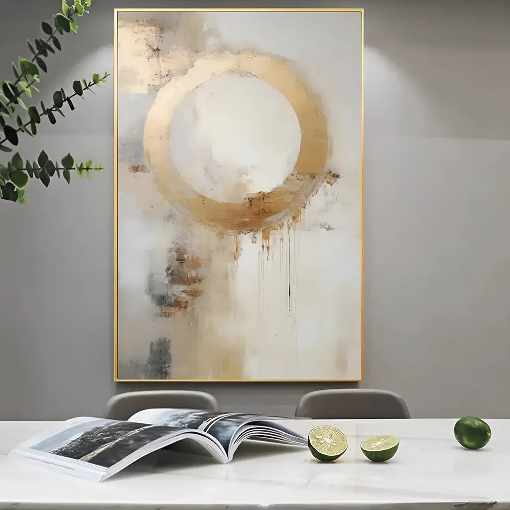 Handmade oil painting modern abstract golden circle on canvas for home decor, frameless unstretched, vertical orientation