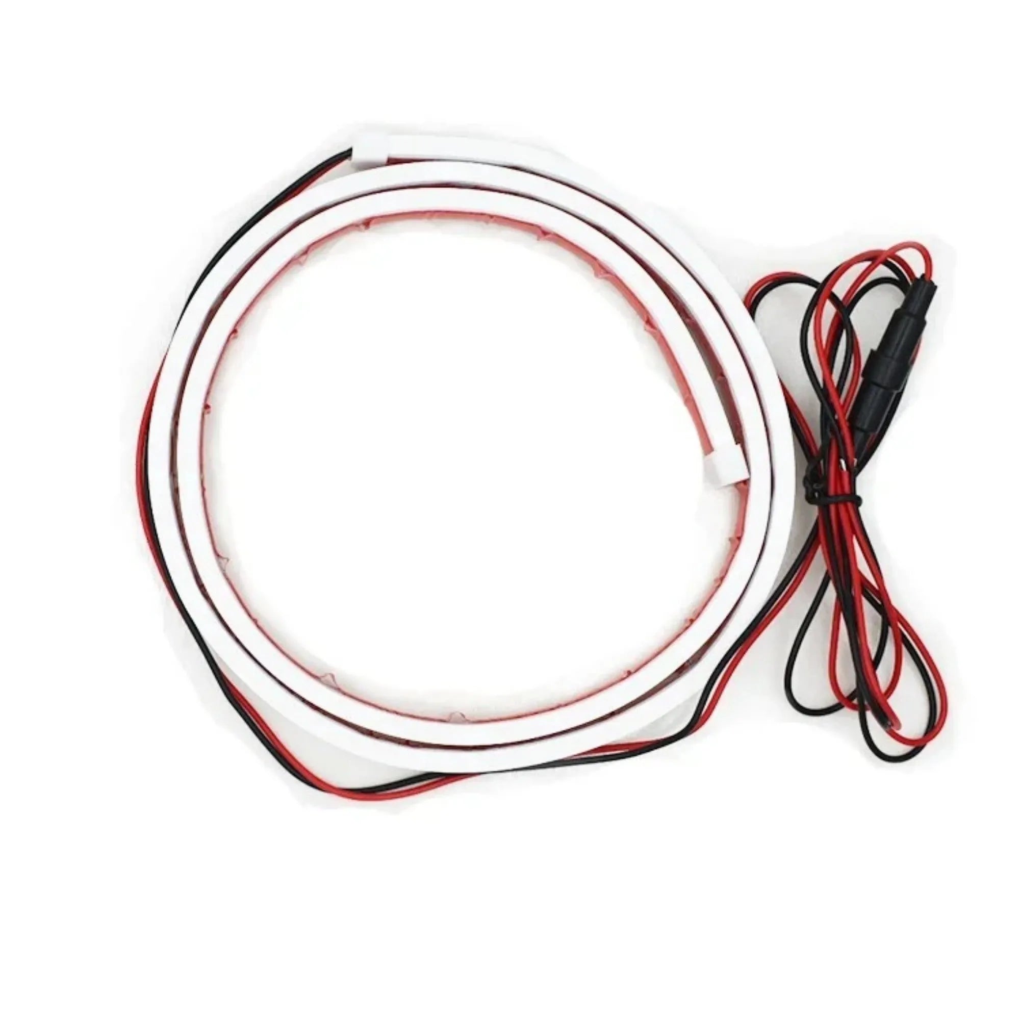 Flexible silicone LED car light strip showing white, blue, and red colour options in different lengths.
