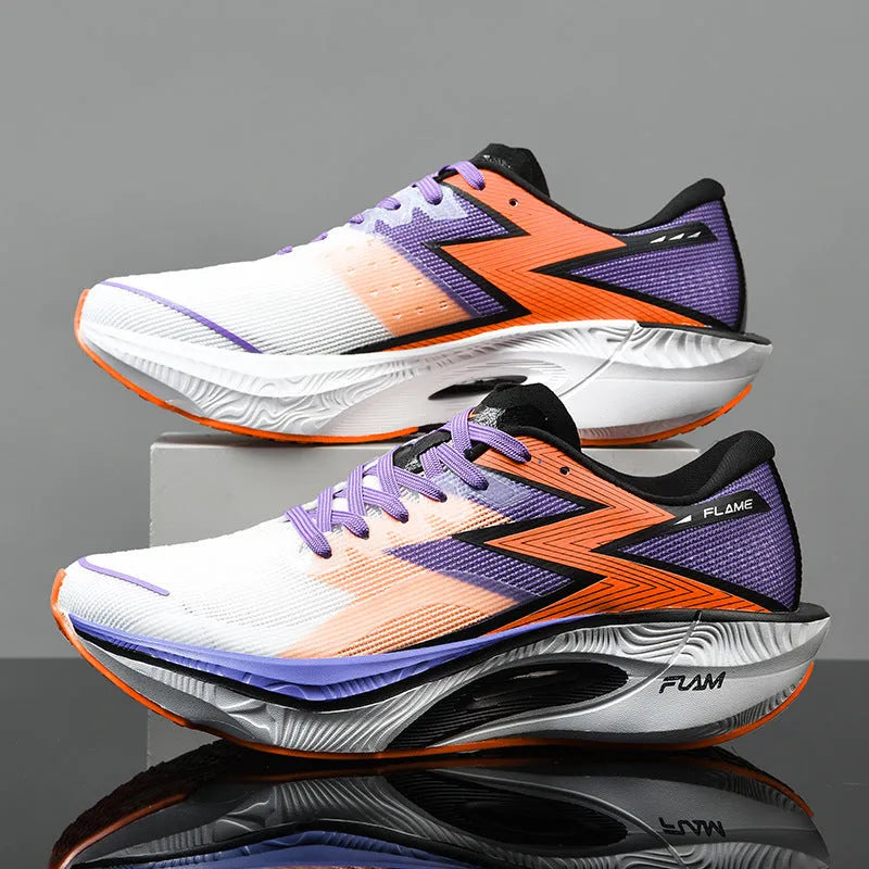 Marathon running shoes with carbon plate in orange colour on a white background