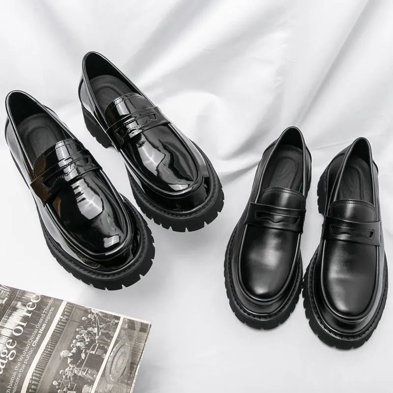 Black platform height-increasing loafers for men, solid colour, mid heel 3-5 cm, PU sole, matte finish