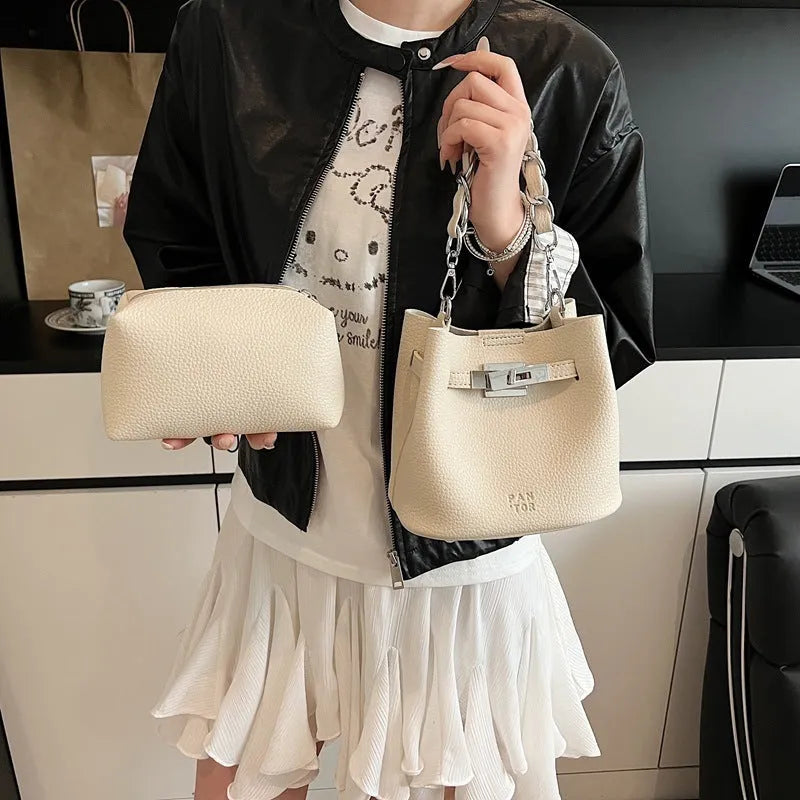 Women's black PU retro bucket shoulder bag with chain detail and multiple internal pockets