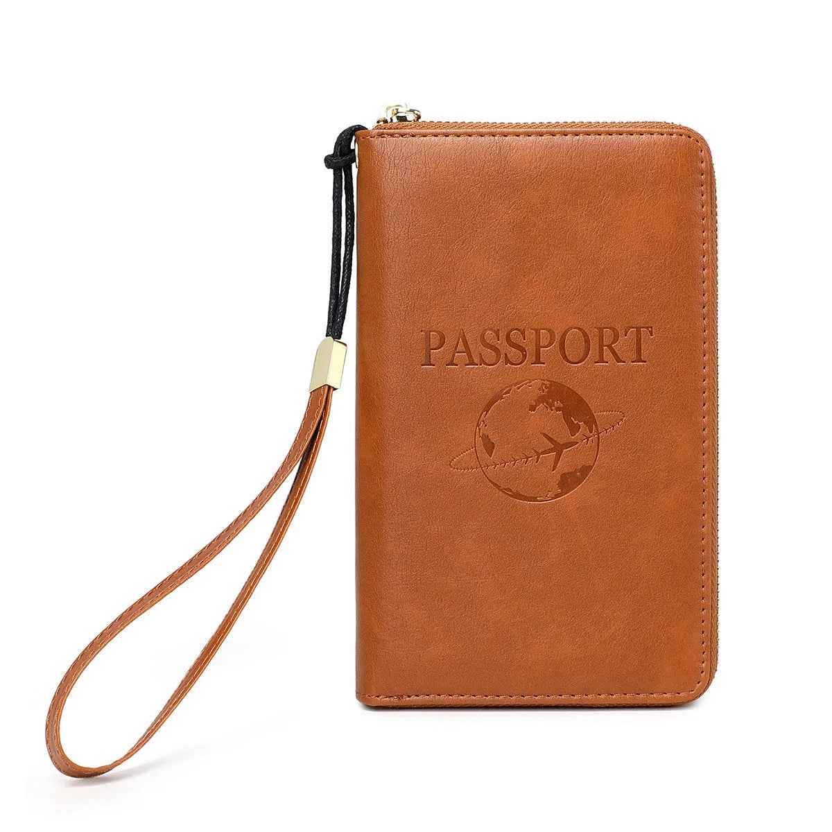 Brown waterproof PU travel document organiser wallet with card slots, showing letter design and compact size.