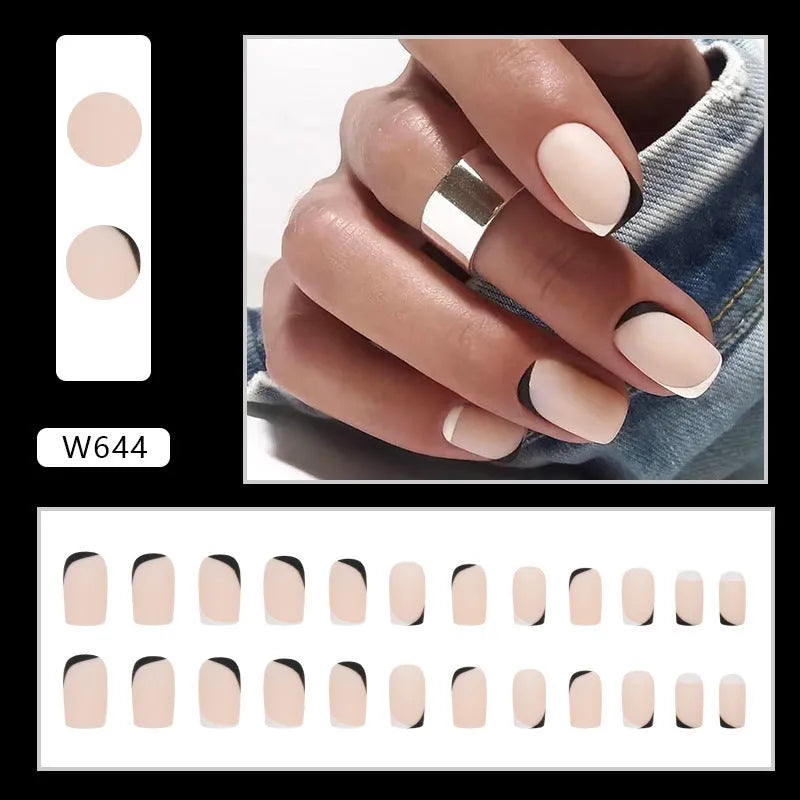 W644 black and white frosted glue false nail set for French manicure style.