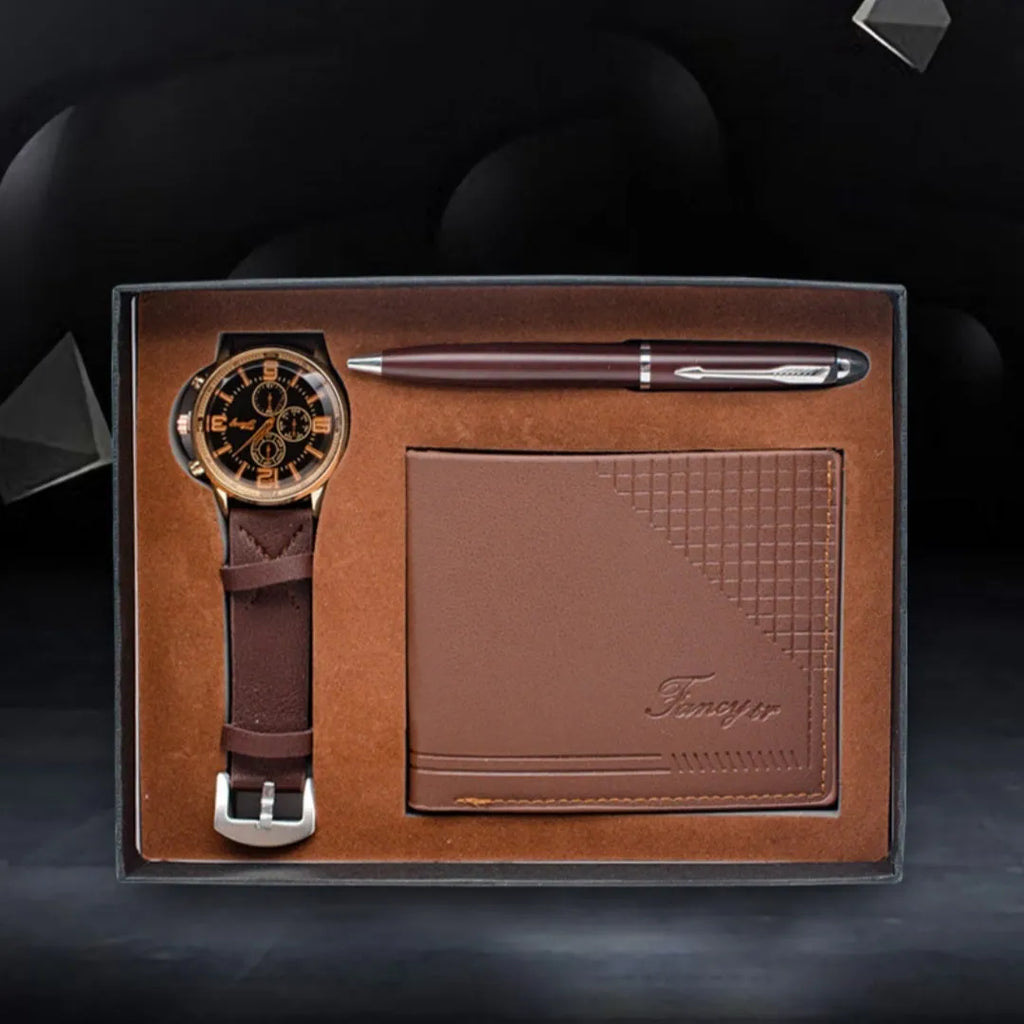 Creative holiday gift set containing wallet, pen and watch in gift box, available in black or brown