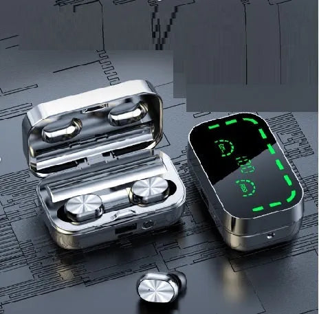 Black sports TWS Bluetooth earbuds with touch controls, shown in a charging case.