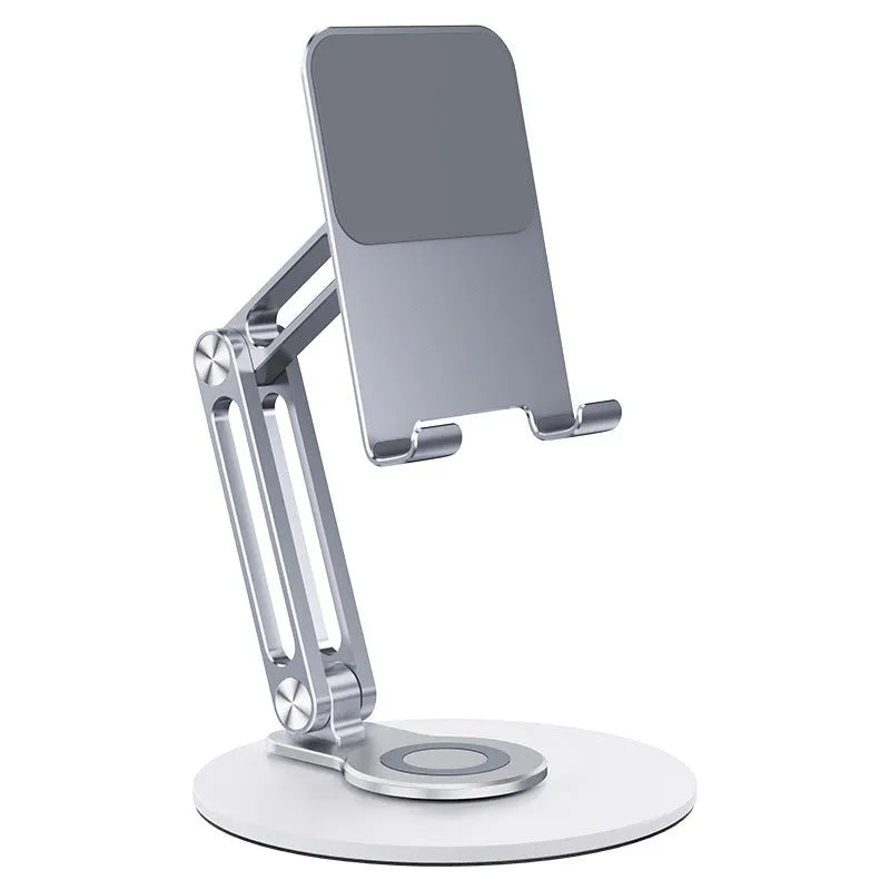 Compact 360-degree rotating mobile phone and tablet stand in metal and silicone, bright moon silver colour