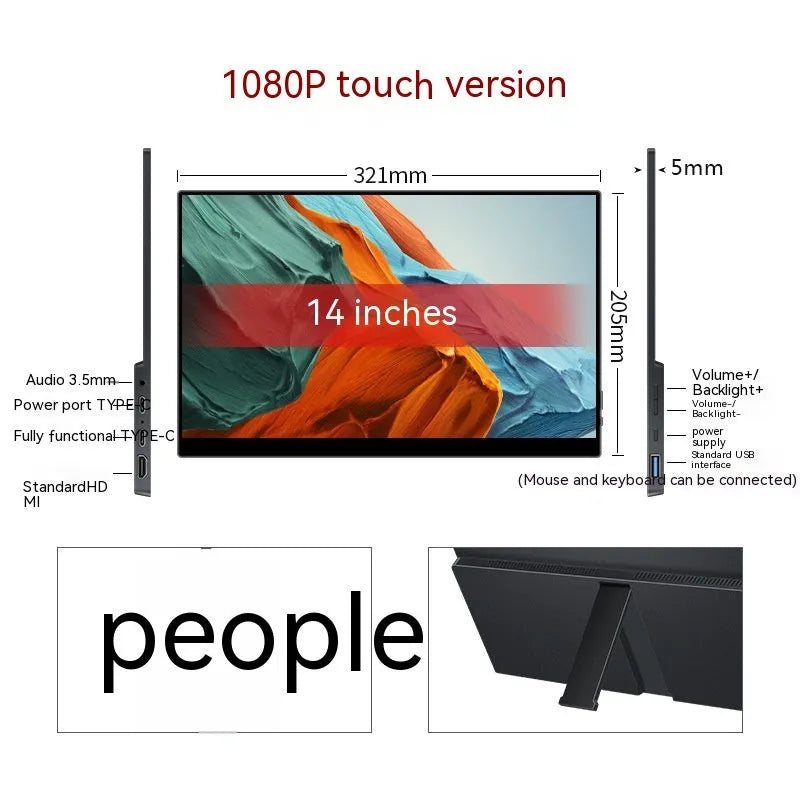 Black portable monitor with 1920x1080 IPS display showing a media scene, with touch screen option available