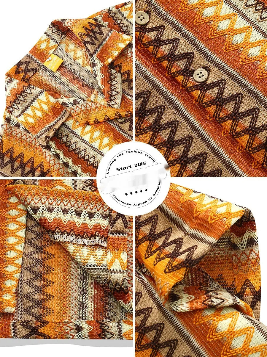 Ethnic woven Cuban collar shirt with contrast colours and drop-shoulder short sleeves