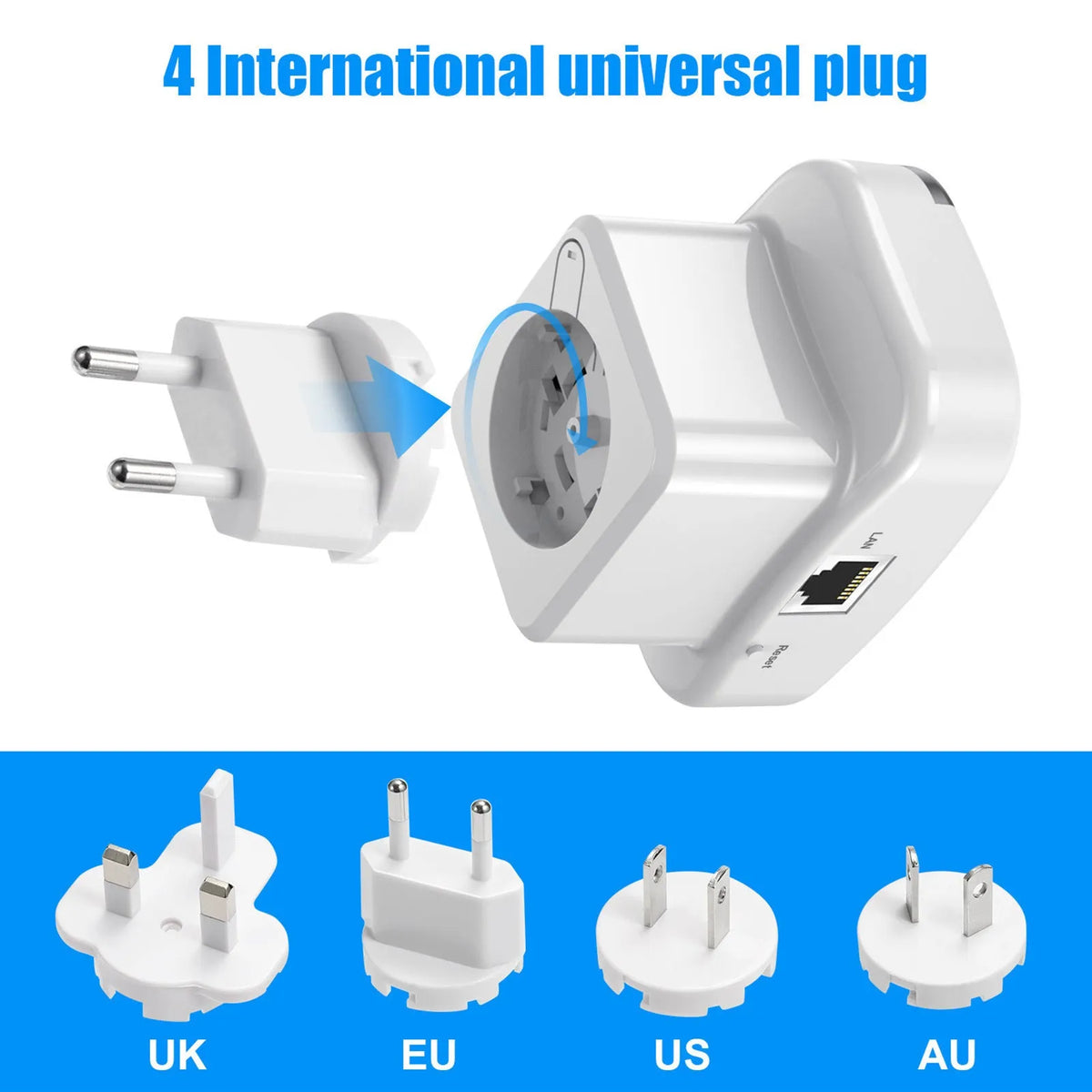 Wireless network extender unit in Black Third Generation with two antennae and plug for UK socket, on white background