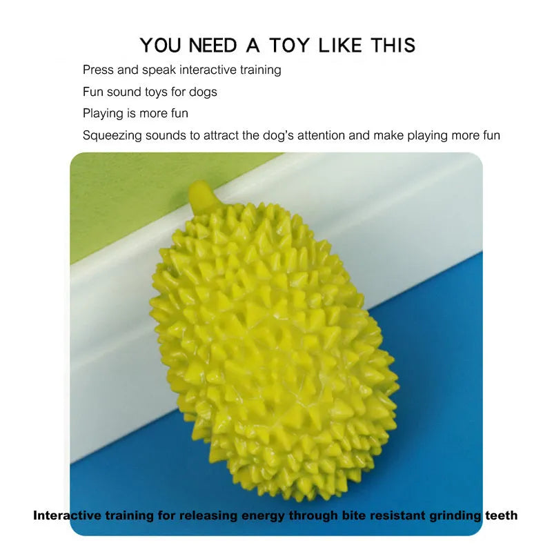 Durian-shaped dog chew toy in yellow with squeaker and tooth cleaning ridges