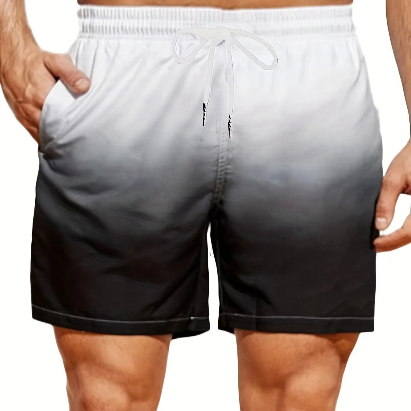 Men's gradient colour 3D digitally printed sports shorts in mesh fabric showing micro-elastic texture