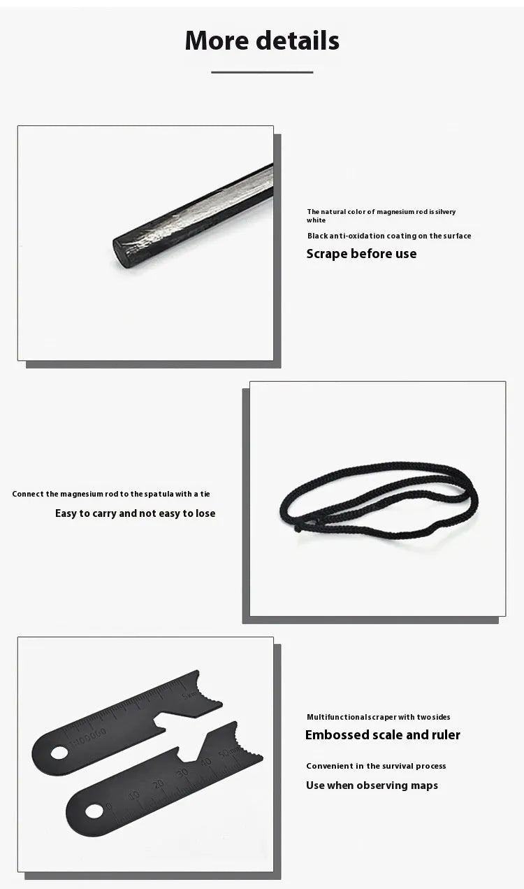 Black outdoor survival flint tool with magnesium rod, stainless steel scraper, whistle, and measurement scale.