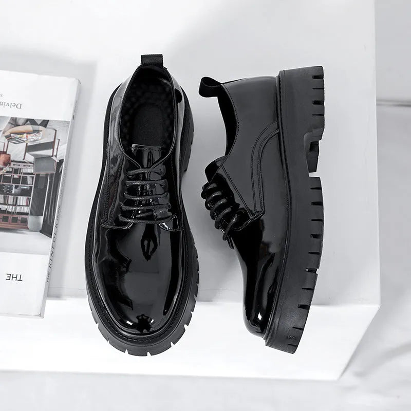 Plus size men's black shiny PU leather round toe low top business shoes with sewing thread detail