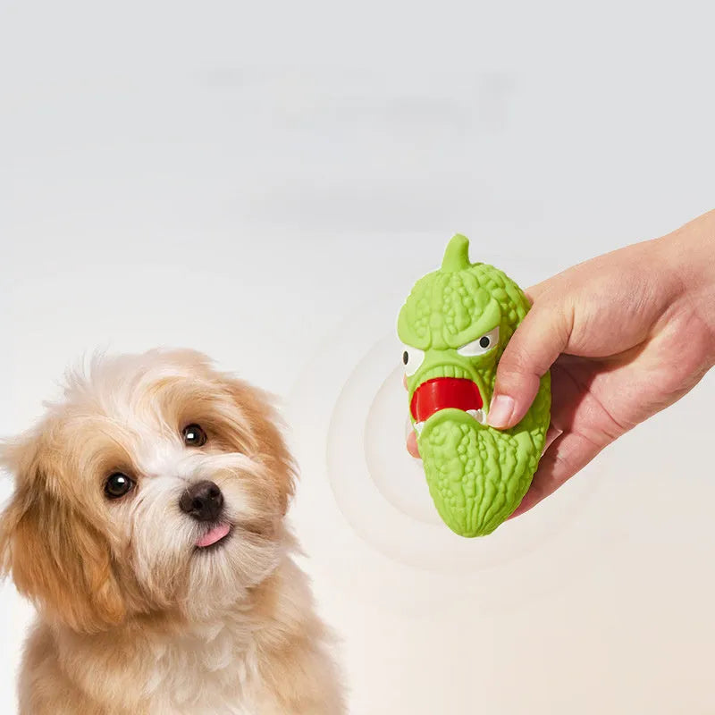 Bitter gourd and chilli shaped dog chew toys with textured surfaces for grinding teeth.