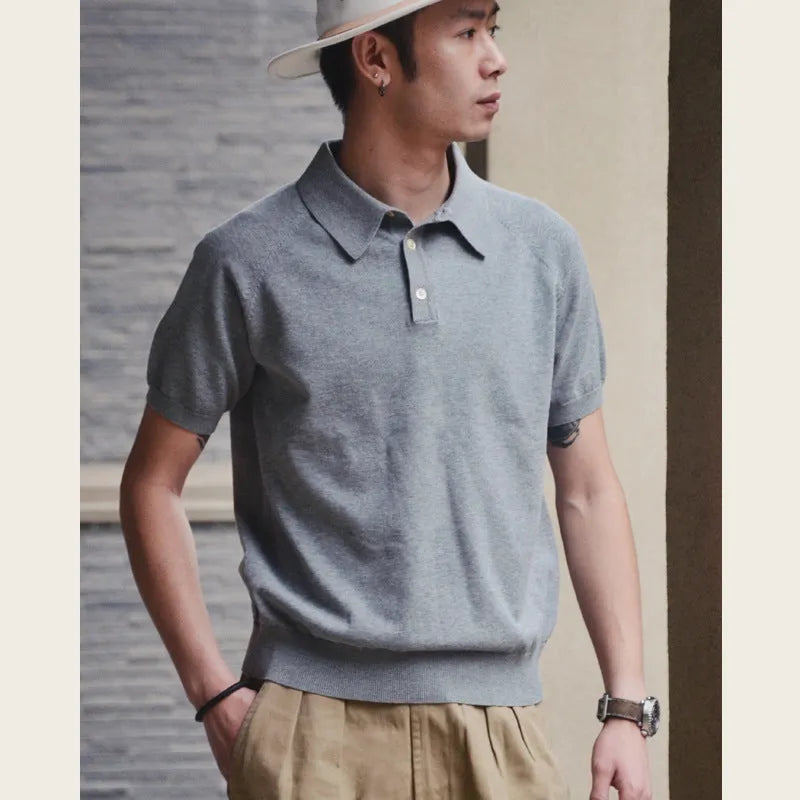 Retro knitted cotton short-sleeved T-shirt in slim fit showing dark brown colour option