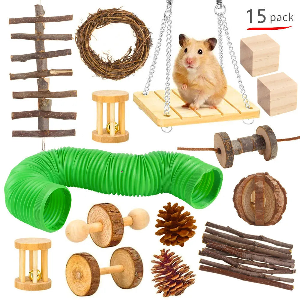 Wooden pet toy set with straw mats and woven balls for rabbits and guinea pigs