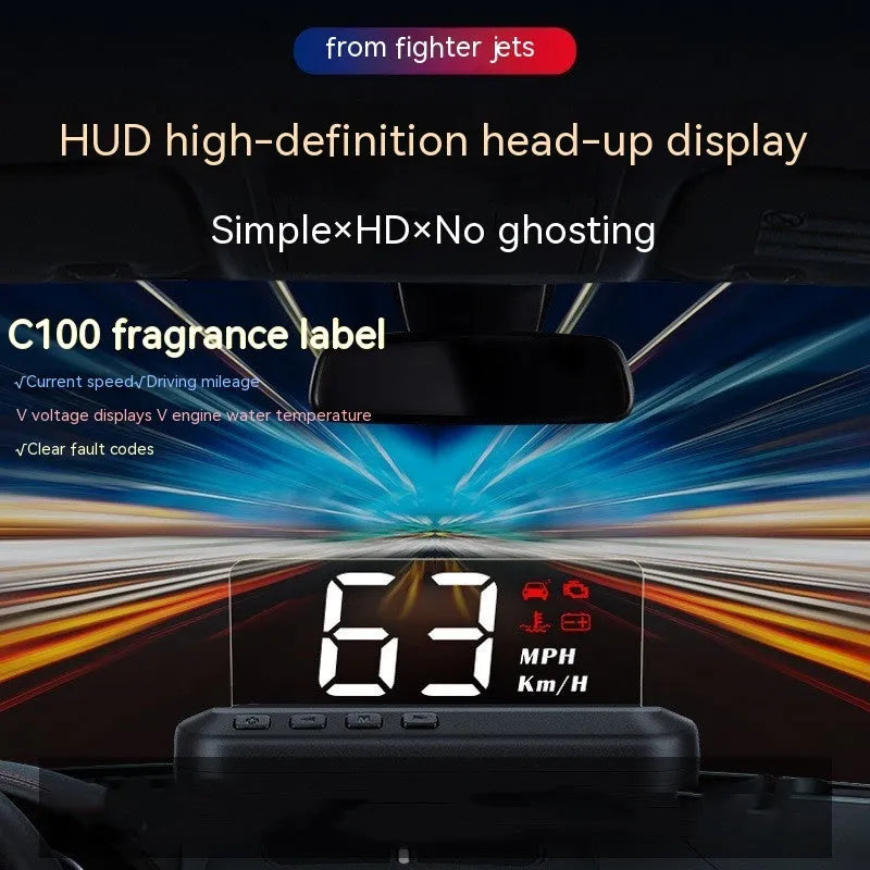 Black car head-up display with 2-inch screen showing speed projection for dashboard mounting
