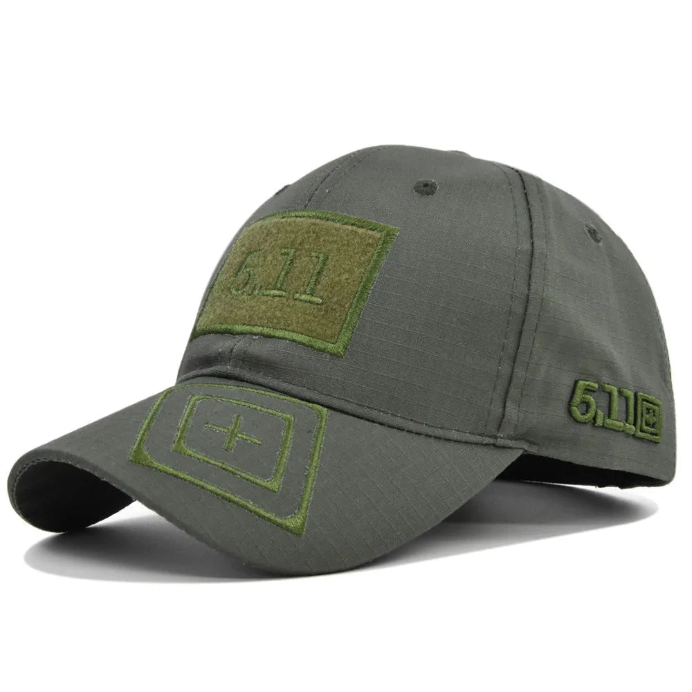 Cotton baseball cap with wide brim and adjustable back, displayed on a neutral background