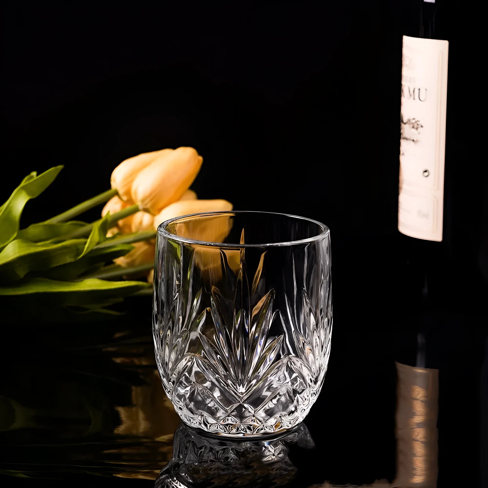 Thick-bottomed crystal whisky shot glass shown in an amber colour finish.