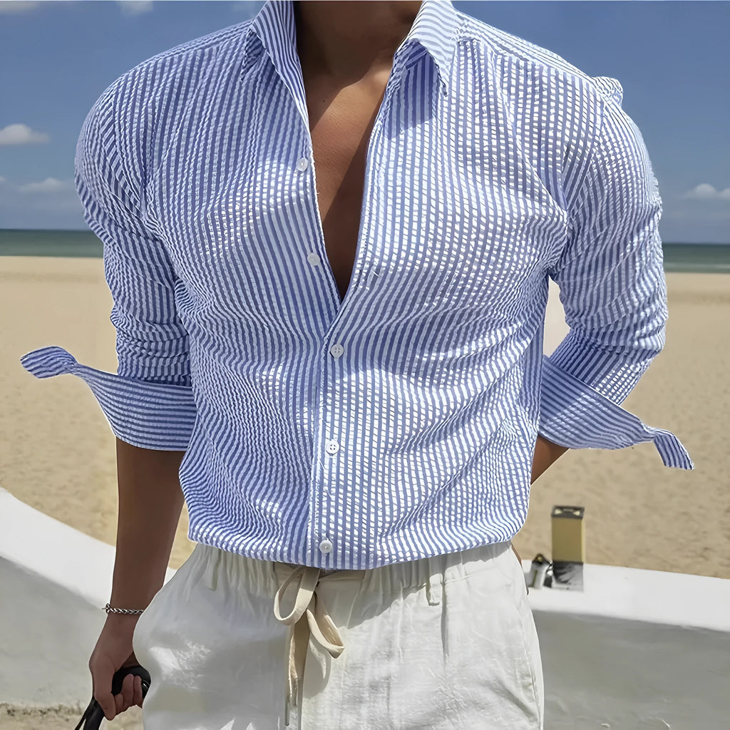 Man's blue and white striped long sleeve shirt with a cardigan lapel collar