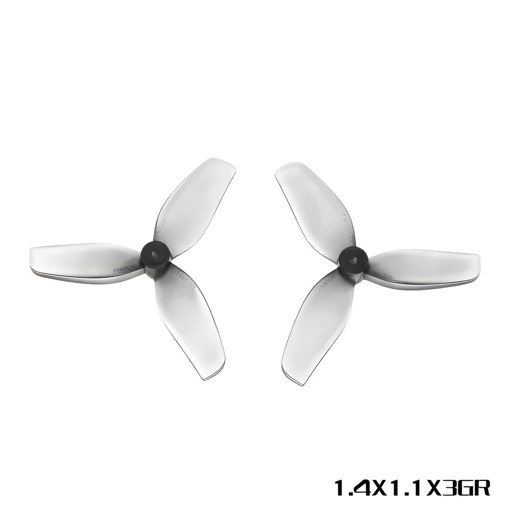 Set of four 31mm 3-blade PC propeller blade accessories in clear, gray, purple, and red on white background