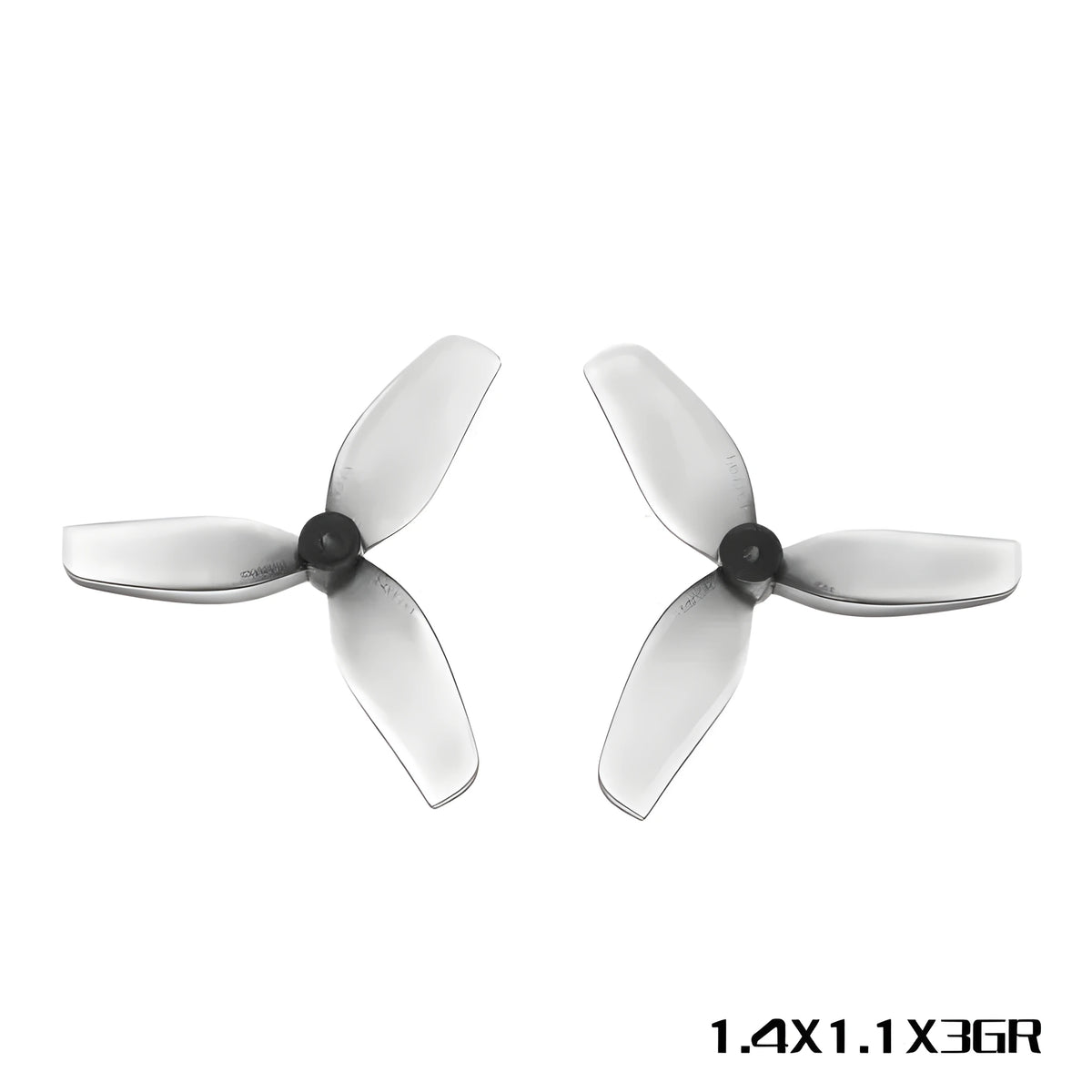 Set of four 31mm 3-blade PC propeller blade accessories in clear, gray, purple, and red on white background