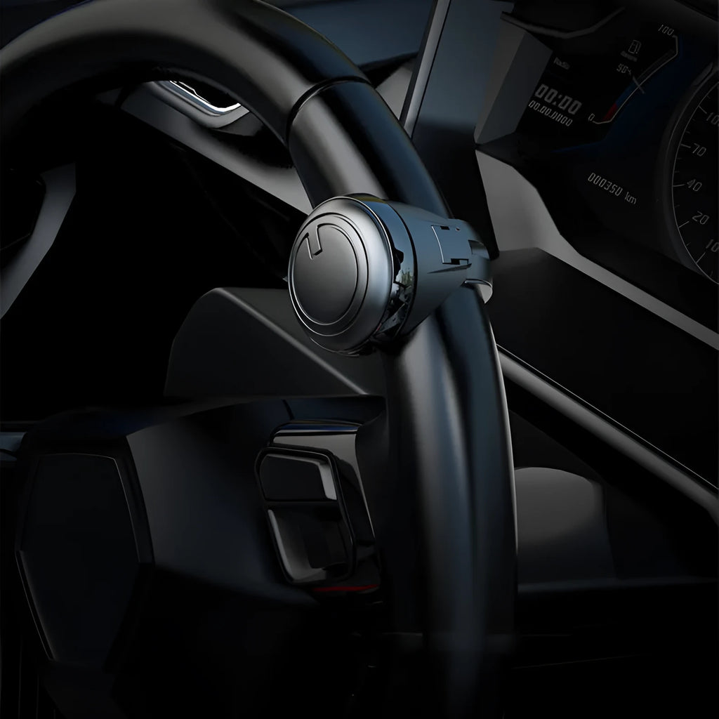 3R steering wheel booster in black with ABS metal bearing silicone construction, 19.5x12.5x4cm, on a car steering wheel