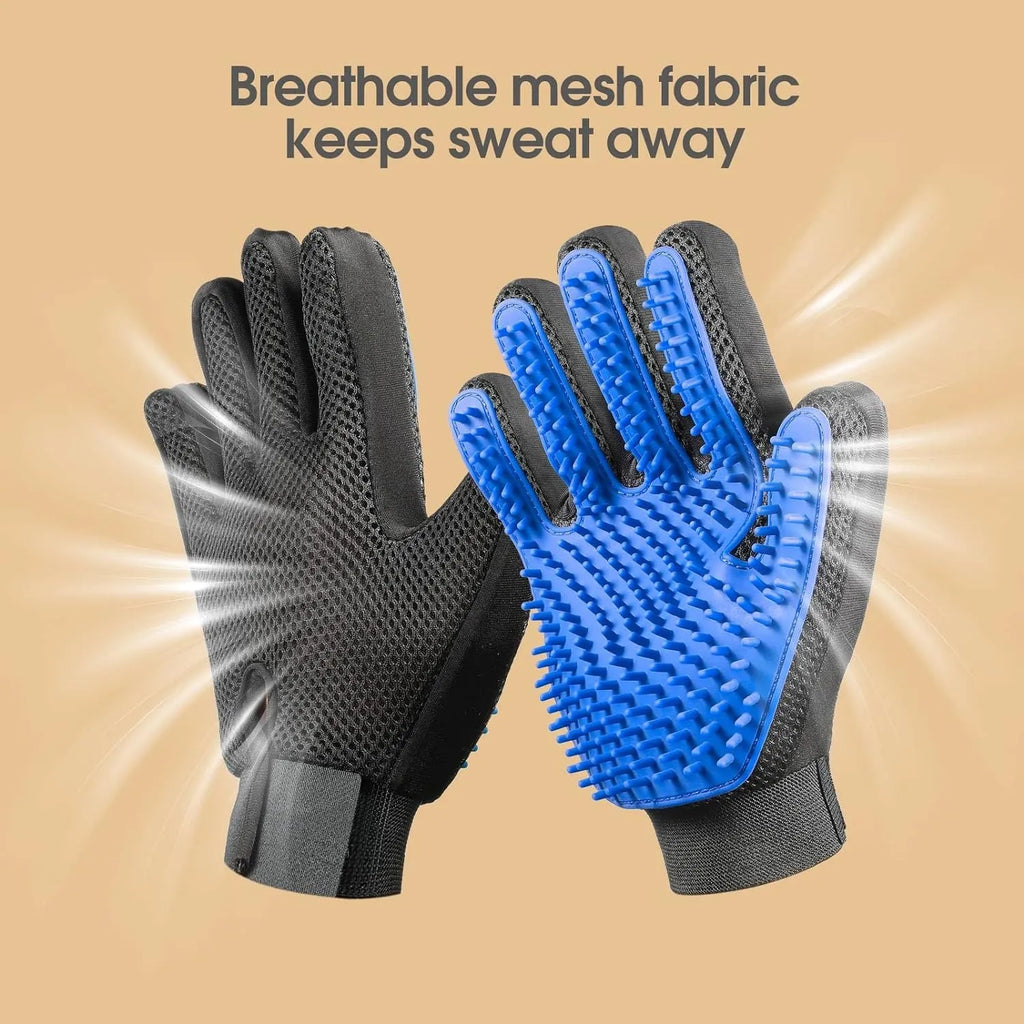 Blue pet grooming glove with silicone tips for brushing dogs and cats.