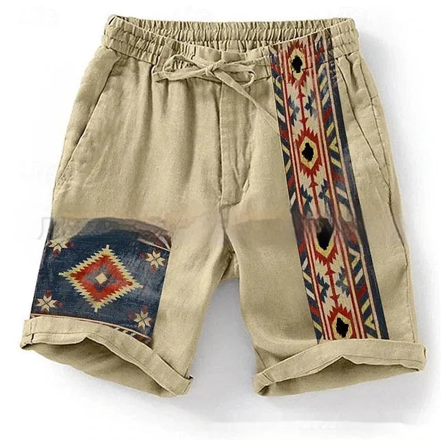Men's blue digital print casual shorts with colour block pattern and lace-up waist closure