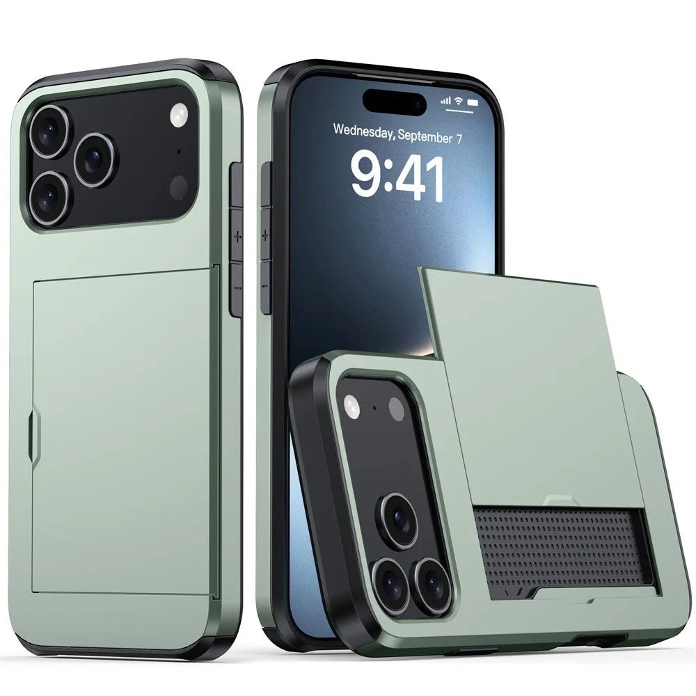 iPhone case with a sliding card cover open, shown in Army Green colour on a table.