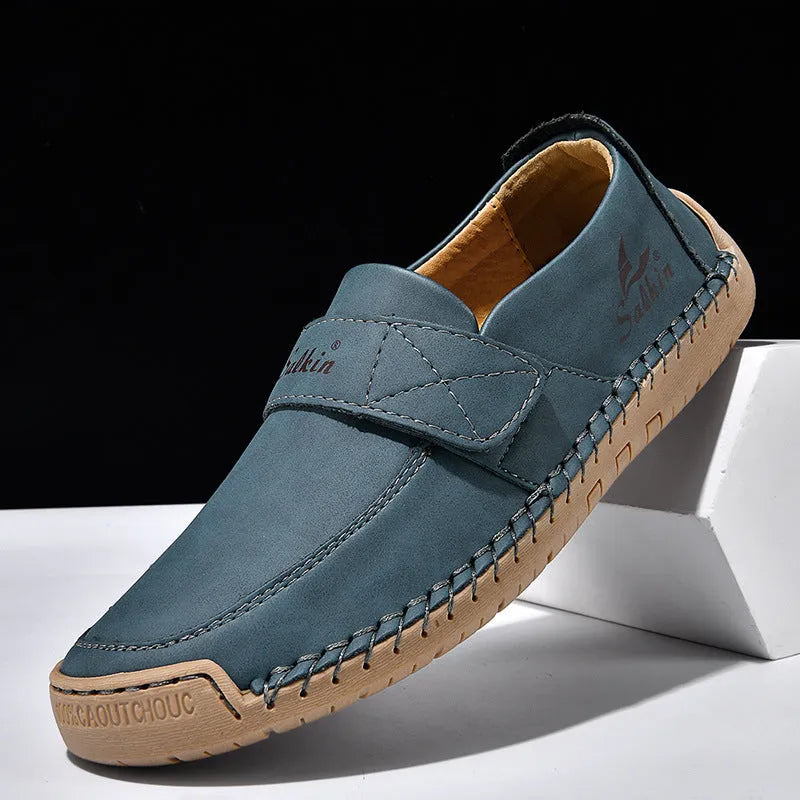 Autumn leisure hand-stitched PU upper Velcro shoes in flat heel round toe low-top casual style