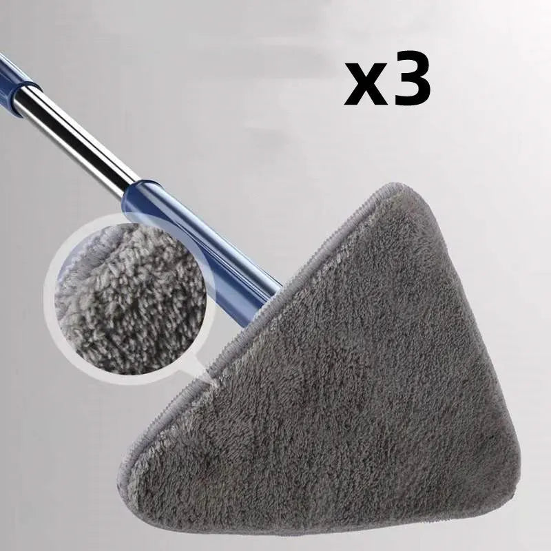 Blue triangle cleaning mop with rotating head and extendable stainless steel pole on a tiled floor