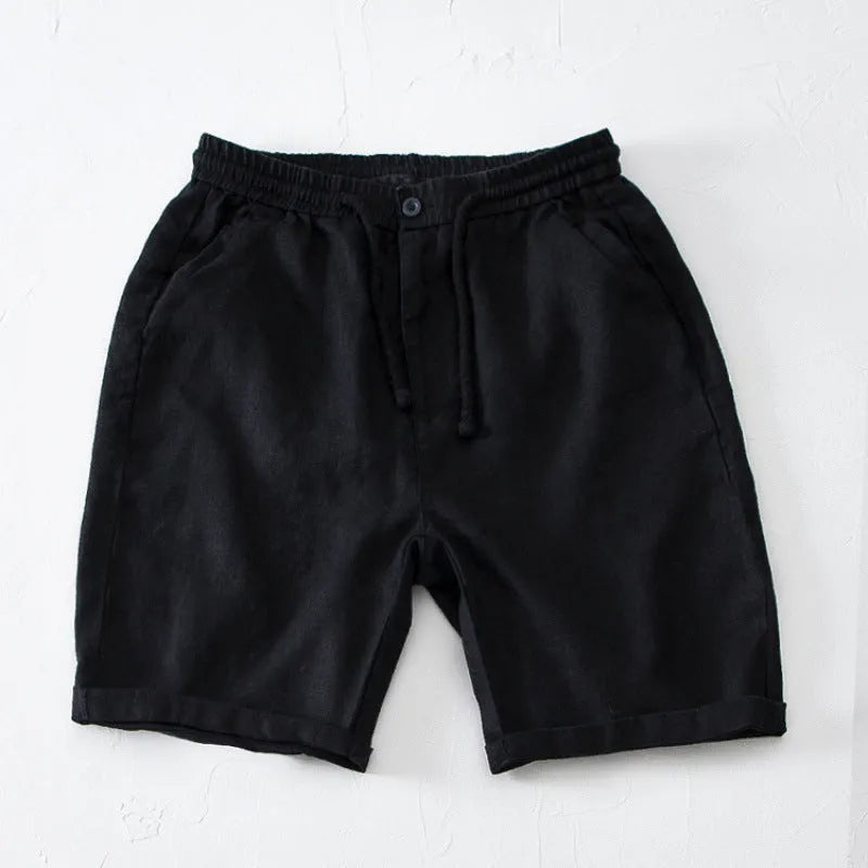 Men's summer thin loose tapered linen pants in black, high waist, loose fit