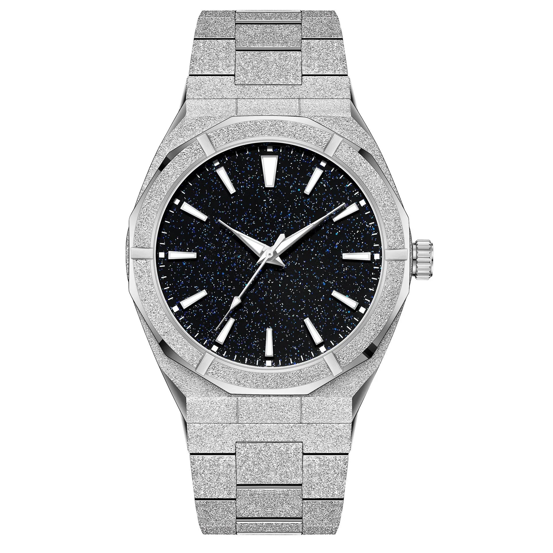 Men's business watch with frosted stainless steel case and luminous markers in silver, gold or black options