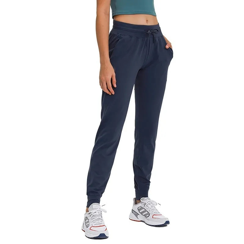 Women's high-waist yoga pants with drawstring waist in Belgian Blue colour