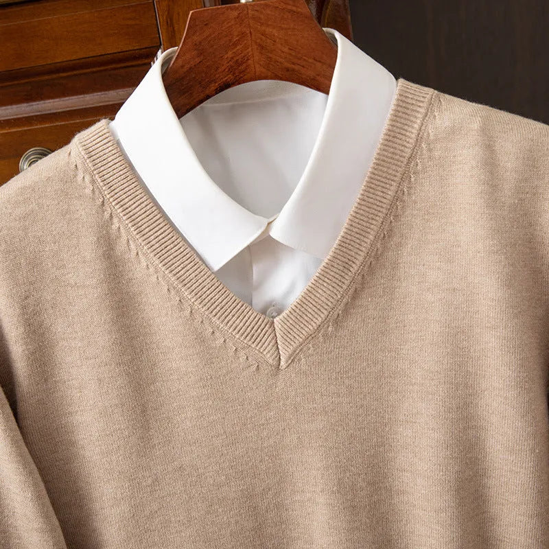 Men's V-neck knitted pullover sweater in grey, made from viscose blend fabric, with ribbed hem